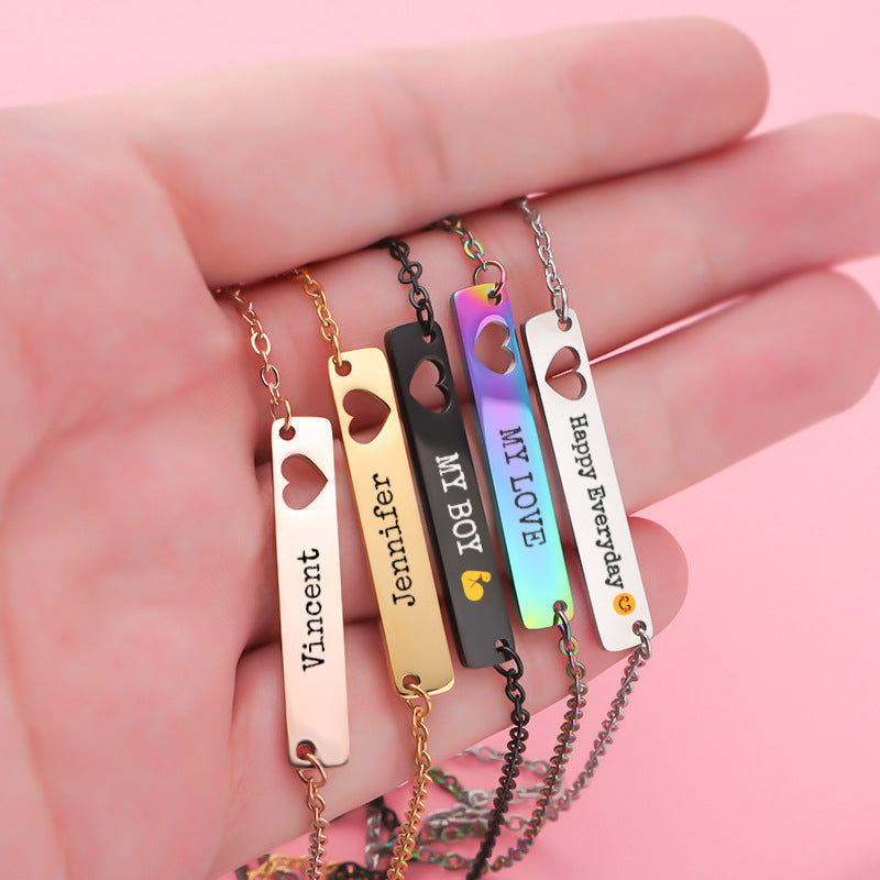 Hot Personalized Titanium Stainless Steel Rectangular Hollow Heart Bar Pendant , Five Colours for Choose, Custom Engraved Female Male Necklace Accessories, For Parents, Friends,Graduation,Children, Friendship,Holiday, Birthday,Wedding, Random Style