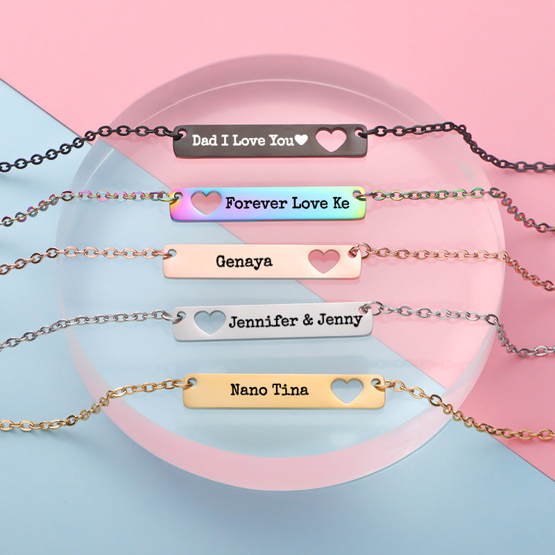 Hot Personalized Titanium Stainless Steel Rectangular Hollow Heart Bar Pendant , Five Colours for Choose, Custom Engraved Female Male Necklace Accessories, For Parents, Friends,Graduation,Children, Friendship,Holiday, Birthday,Wedding, Random Style